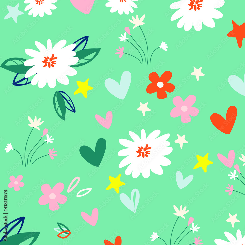 Garden flower, plants ,botanical ,seamless pattern vector design for fashion,fabric,wallpaper and all prints on green mint background color. Cute pattern in small flower. Small colorful flowers.