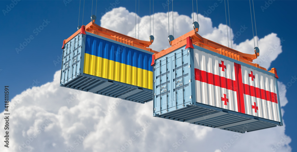 Freight containers with Georgia and Ukraine flag. 3D Rendering 