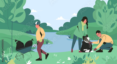 Young people remove garbage, plastic in nature near the river. Volunteers and ecologists clean the environment from waste. Flat vector illustration