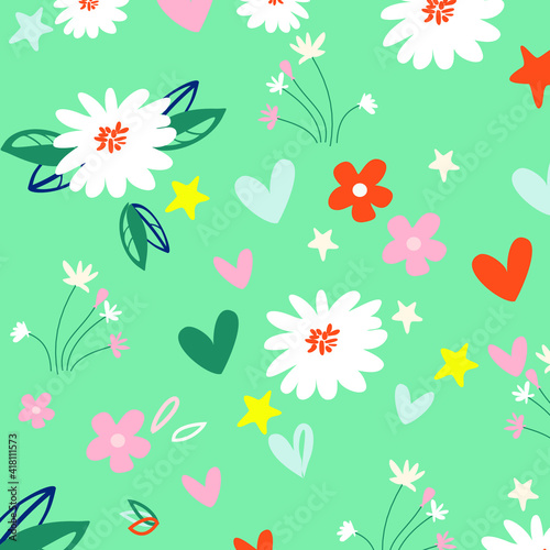 Garden flower, plants ,botanical ,seamless pattern vector design for fashion,fabric,wallpaper and all prints on green mint background color. Cute pattern in small flower. Small colorful flowers.