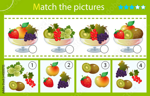Matching game, education game for children. Puzzle for kids. Match by elements. Vases with fruits and berries. Currant, strawberry, apricot, strawberry, raspberry, gooseberry, grapes, apple