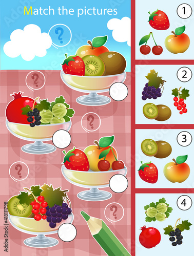 Matching game, education game for children. Puzzle for kids. Match by elements. Vases with fruits and berries. Currant, strawberry, apricot, strawberry, cherry, raspberry, gooseberry, grapes, apple,