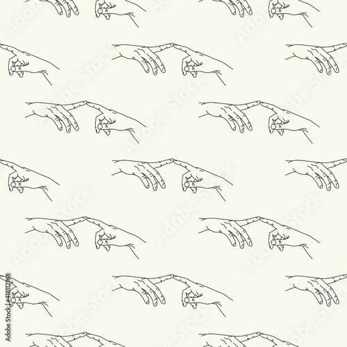 The Creation of Adam in simple minimalistic line art style. Vector seamless pattern with hands. Lineart in a trendy minimalist style. Fingertip touch pattern