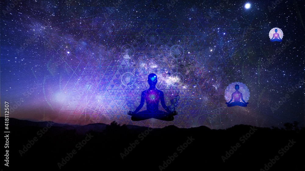 Night starry sky, with three flying silhouettes in the lotus position.the jpg format can be used for backgrounds, for advertising spiritual goods.