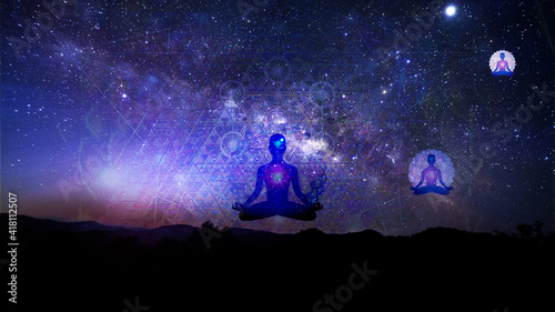 Night starry sky  with three flying silhouettes in the lotus position.the jpg format can be used for backgrounds  for advertising spiritual goods.