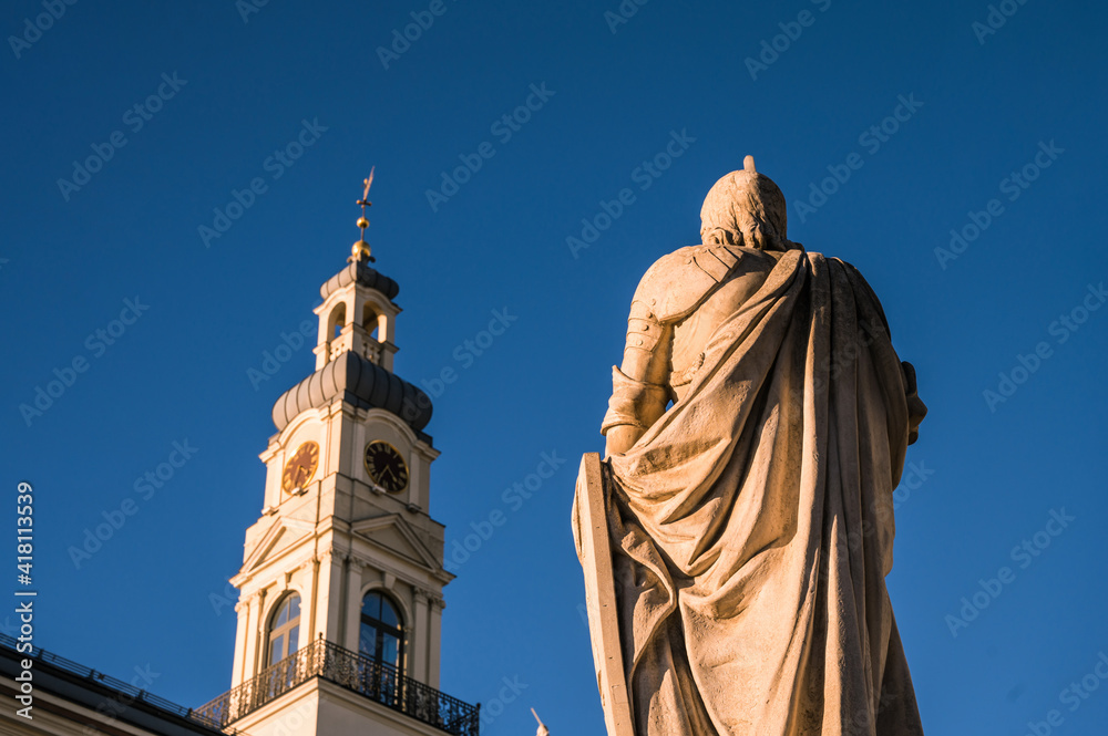 The statue of Roland in the Town Hall square. Riga, Latvia. Blue sky.