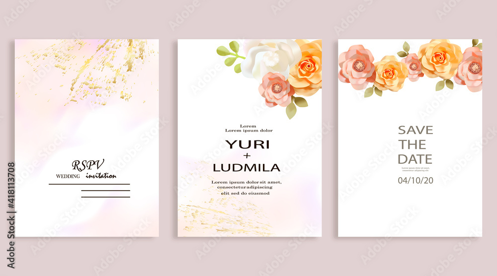 Dusty pink and ivory beige rose, pale hydrangea, fern, dahlia, ranunculus, fall leaf bunch of flowers invitation card.