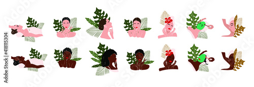 Spa center service flat vector illustrations set. Colorful Portraits of blacks and fair skinned visitors of beauty salons with exotic leaves. Icons with shapes.Facial masks.
