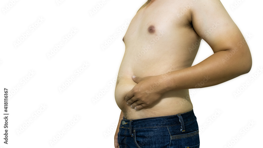 Naklejka premium Asian fat man has overweight on white background