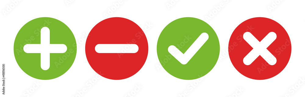 Plus, minus, check mark and cross calculator icons in flat style. Positive negative circle button. Mathematical symbols isolated on white background. Plus minus vector icon collection. Plus, minus, check mark and cross calculator icons in flat style. Positive negative circle button. Mathematical symbols isolated on white background. Plus minus vector icon collection.