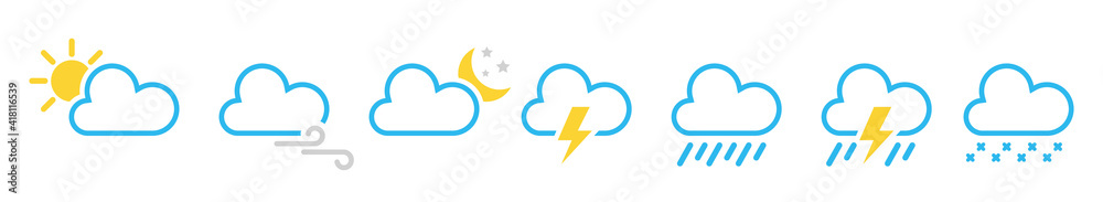 Set of weather line icons. Flat vector weather signs sunny, raining, snowing, cloudy, storm on white background. Isolated vector illustration. Set of weather line icons. Flat vector weather signs sunny, raining, snowing, cloudy, storm on white background. Isolated vector illustration.
