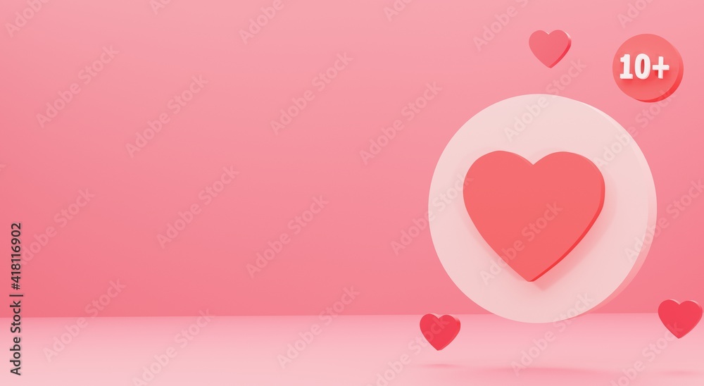 Illustration of a minimalist heart notification icon isolated with. Social network sign, 3d rendering