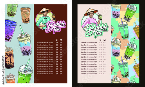 menu design and flyers Thai pearl bubble tea menu for your cafe with bubble tea drinks design for vietnamese tea business print set
