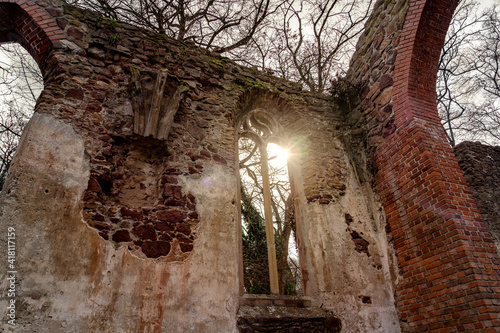 Pauline monastery ruin windows on the hungarian hiking trail near Badacsony in Salfold