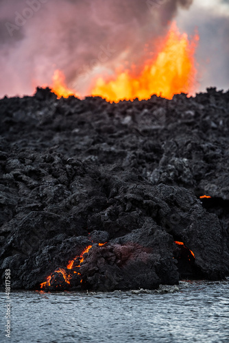 The lava flow from 2014 Bardarbunga eruption at Holuhraun volcanic fissures slowly advances towards and pushes the Jokulsa a Fjollum river, Central Highlands, Iceland