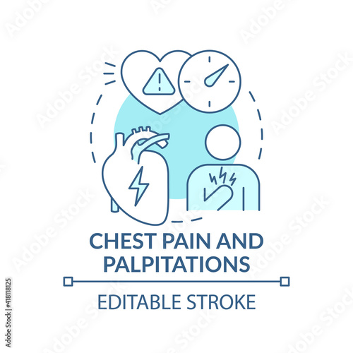 Chest pain and palpitations concept icon. Symptoms of long-term covid-19 idea thin line illustration. Effects after coronavirus. Vector isolated outline RGB color drawing. Editable stroke