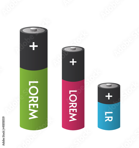 Cylinder batteries accumulators isolated on white vector flat cartoon set, electric aaa and aa size alkaline battery cell collection clipart
