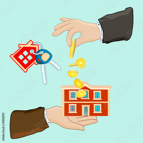 Buying house. Real estate, hand, house, key isolated on green background. Hand holds house and giving, receiving golden coins from other hand. Buyer, customer gives gold coin.Stock vector illustration