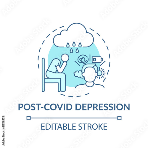 Post-covid depression concept icon. Mental health issue idea thin line illustration. Stress disorder. Influence of quarantine. Vector isolated outline RGB color drawing. Editable stroke