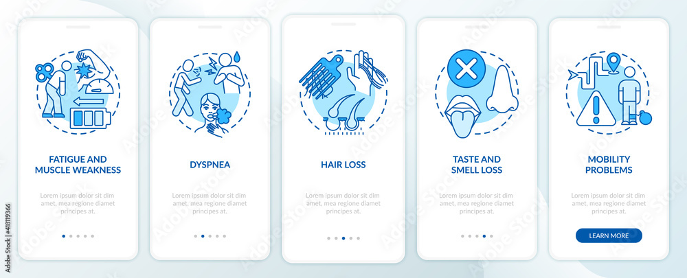 Post-covid syndrome onboarding mobile app page screen with concepts. Lossing taste and smell walkthrough 5 steps graphic instructions. UI vector template with RGB color illustrations Post-covid syndrome onboarding mobile app page screen with concepts. Lossing taste and smell walkthrough 5 steps graphic instructions. UI vector template with RGB color illustrations