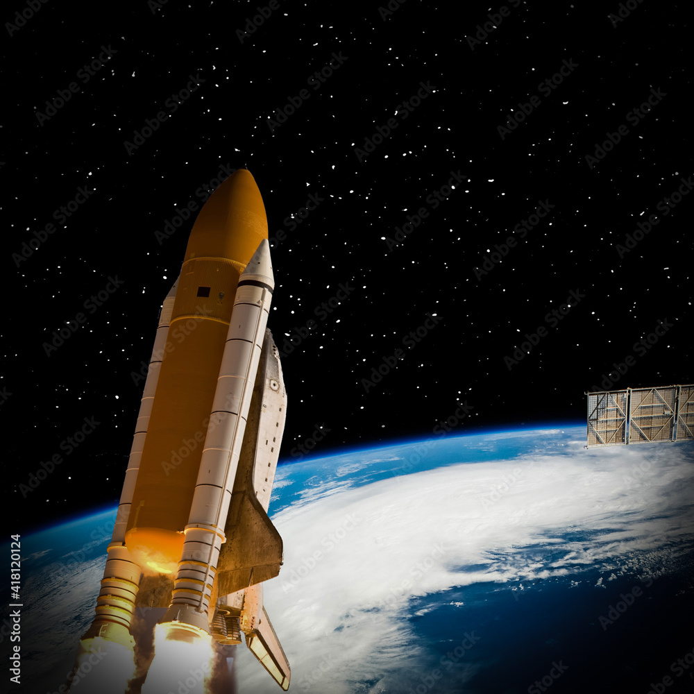 Naklejka premium Great flying of rocket in space. The elements of this image furnished by NASA.