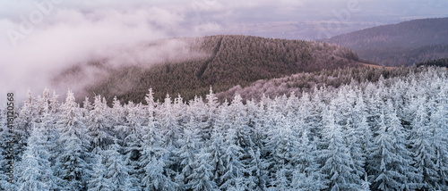 Fototapeta Naklejka Na Ścianę i Meble -  A view from the Orlica observation tower to the mountains with a snow-covered forest and an incoming fog.