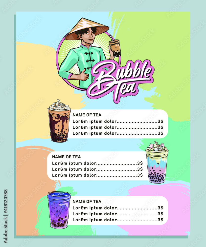 Obraz premium bubble tea menu, Vietnamese tapioca pearl tea, shake fruit jelly topping tea, drink, pouring, boba juice and more.