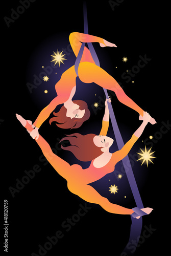 Two girls gymnasts on air silk against the background of the night sky and stars. Simple color vector illustration