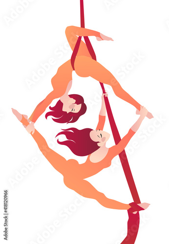 Two girls gymnasts on aerial silks. Simple vector color illustration