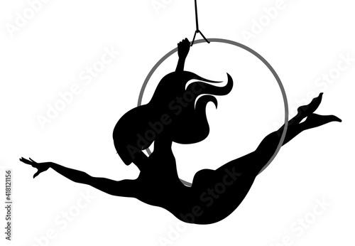 Girl gymnast on the ring. Simple vector monochrome illustration