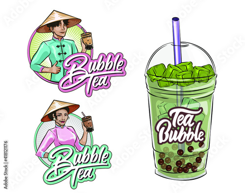 Bubble tea logo collection, asian man drinking tea with milk and tapioca bubbles,