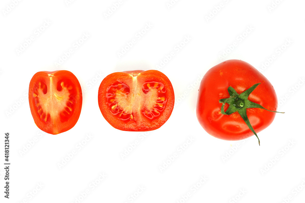 Red tomato whole and sliced on white background isolated Red tomato whole and sliced on white background isolated
