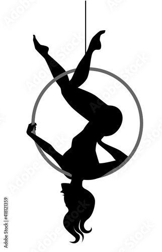 Girl gymnast on the ring. Simple vector monochrome illustration