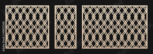 Laser cut pattern set. Vector template with abstract geometric ornament, lines, diamond grid, lattice, net. Decorative stencil for laser cutting of wood, metal, plastic. Aspect ratio 1:1, 1:2, 3:2