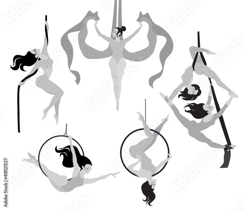 Set with gymnasts on aerial silks, on a ring, on a rope. Simple vector monochrome illustration