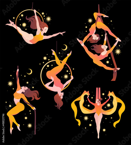Set with gymnasts on aerial silks, on a ring, on a rope. Simple vector color illustration