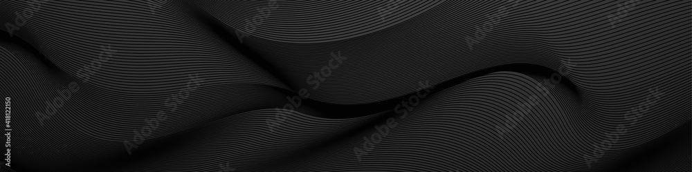 Black abstract background design. Modern wavy line pattern (guilloche curves) in monochrome colors. Premium stripe texture for banner, business background. Dark horizontal vector template