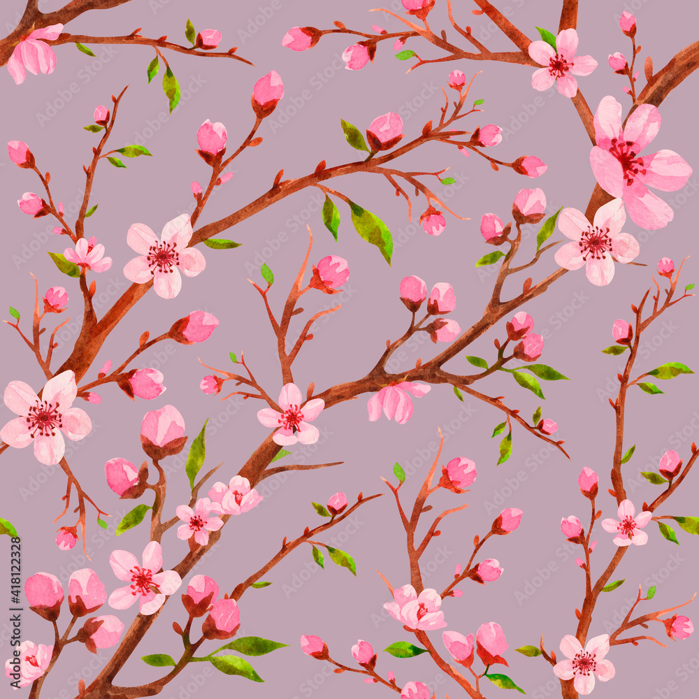Watercolor cherry flower pattern. Spring floral seamless texture for wrapping paper, textile design, greetings. Pink flower repeating background