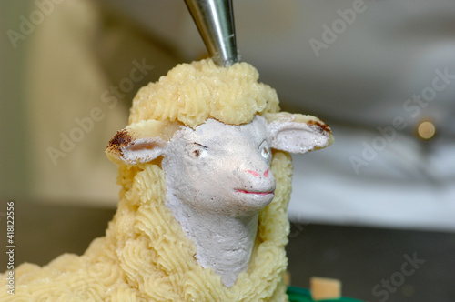 Easter lamb cake typical of the city of Favara in Sicily in Italy handcrafted with almond paste photo
