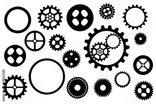 Vintage wheels of mechanical machine various sizes silhouettes black and white
