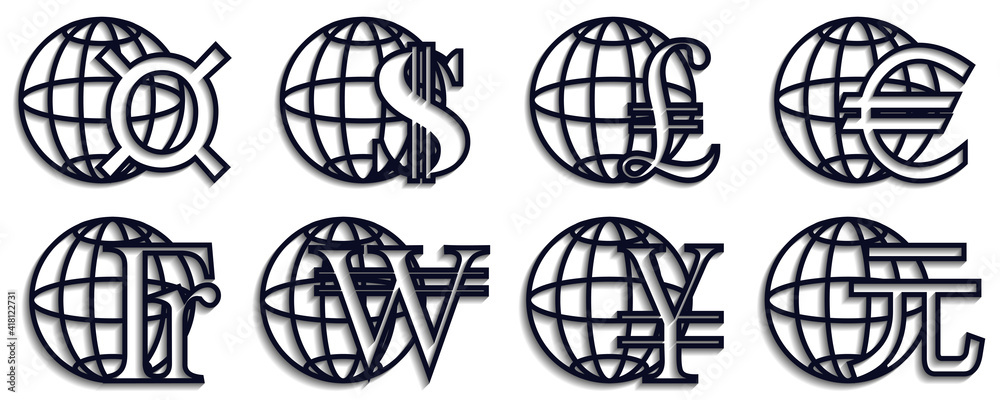 Set of economic icons. Contours of symbols of world currencies and planet. Dollar, pound, euro, yuan and shadows Set of economic icons. Contours of symbols of world currencies and planet. Dollar, pound, euro, yuan and shadows