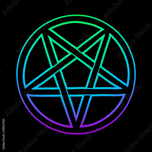 mystical bright neon pentagram on black background