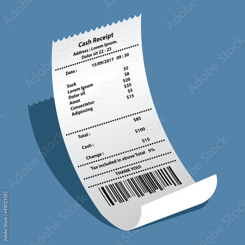 sock receipt printed template, paper financial check. vector illustration