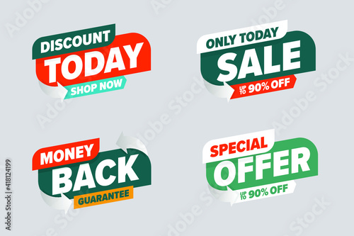 Sale discount banner with special offer money back guarantee. Only today selling with up to ninety percent off, shop now promotion marketing ticket vector illustration isolated on grey background