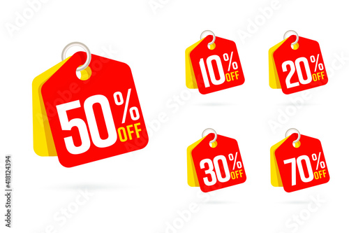 Discount offer tag set with 50 off sticker. Sale vector 10, 20, 30, 70 percent label. Promotion red banner with discount offer, clearence emlem flat style.