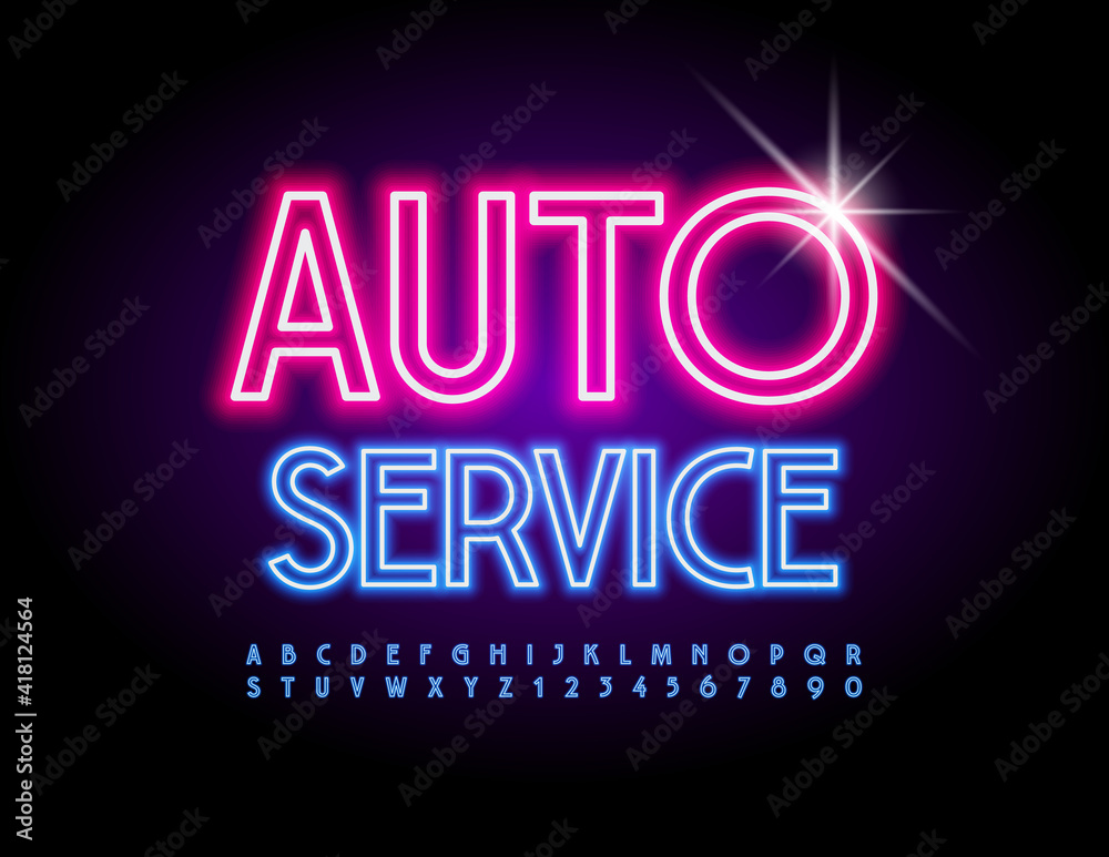 Vector glowing logo Auto Service. Blue electric Font. Neon Alphabet Letters and Numbers set