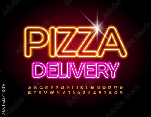 Vector neon emblem Pizza Delivery. Glowing light Font. Electric Alphabet Letters and Numbers set