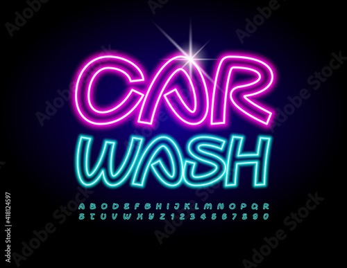 Vector neon sign Car Wash. Electric Handwritten Font. Glowing Alphabet Letters and Numbers set