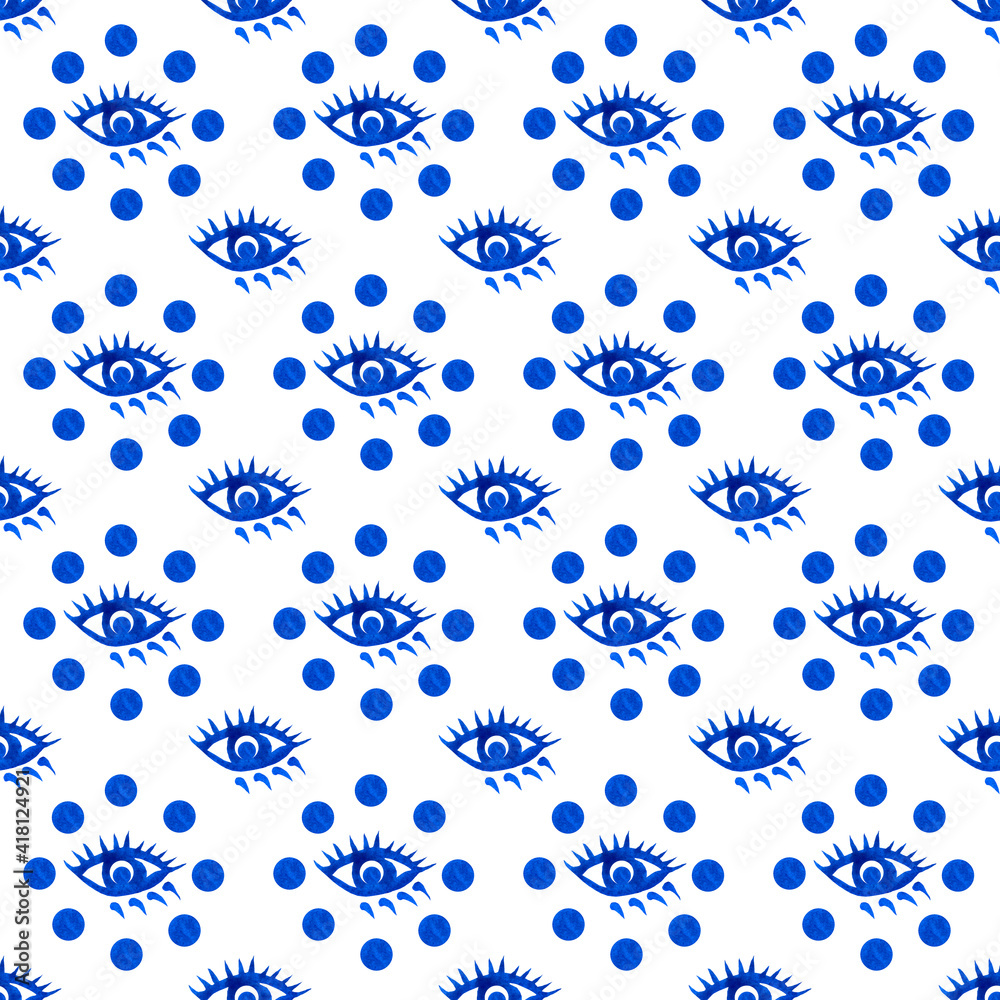 Blue eyes surrounded by blue dots. Seamless pattern for Turkish amulets ...