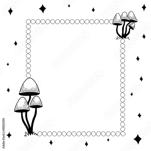 Stylistic frame with magic mushrooms. Isolated vector illustration on white background. Psychedelic hallucination